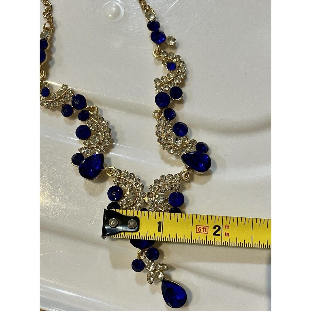 Cobalt Blue Y Drop Necklace Gold Tone Rhinestone Statement Wedding Prom - Picture 7 of 8